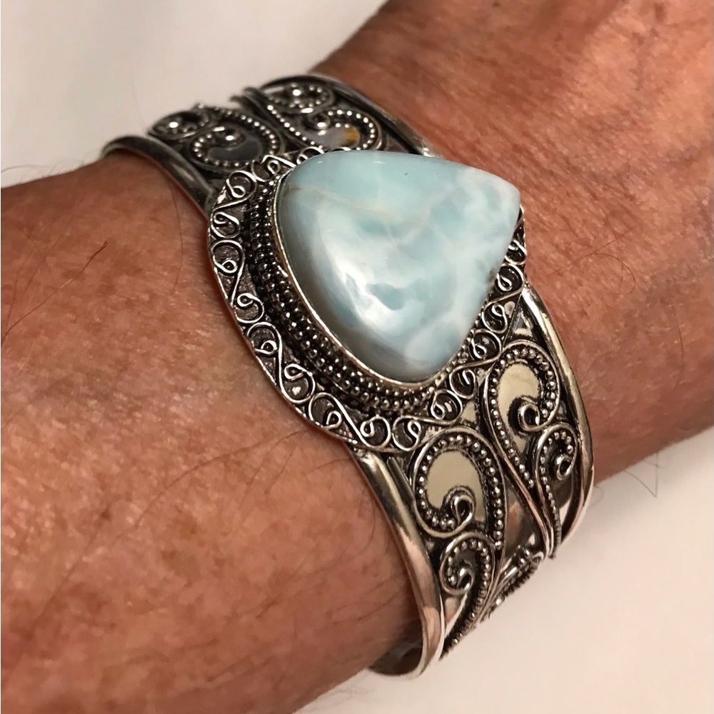 Larimar Stamped Solid 925 Sterling Silver Cuff Bracelet